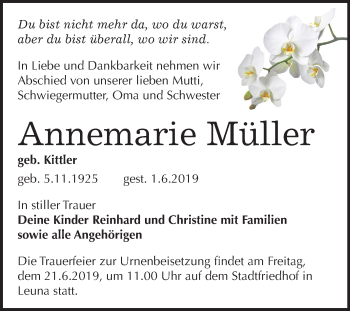 Traueranzeige von Annemarie Müller von Mitteldeutsche Zeitung Merseburg/Querfurt