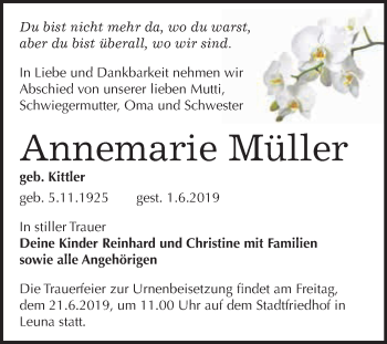 Traueranzeige von Annemarie Müller von WVG - Wochenspiegel Merseburg