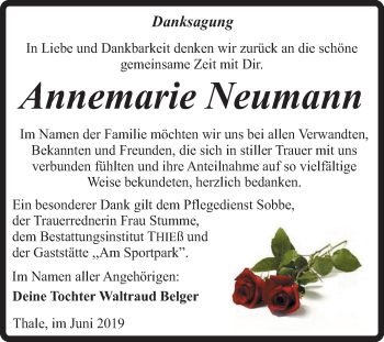 Traueranzeige von Annemarie Neumann von Mitteldeutsche Zeitung Quedlinburg