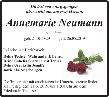 Traueranzeige von Annemarie Neumann von Super Sonntag Quedlinburg