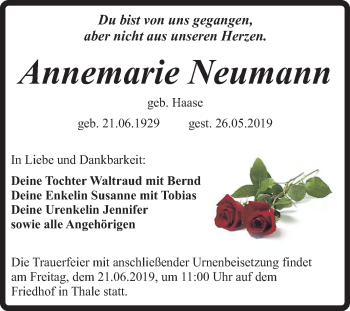 Traueranzeige von Annemarie Neumann von Mitteldeutsche Zeitung Quedlinburg