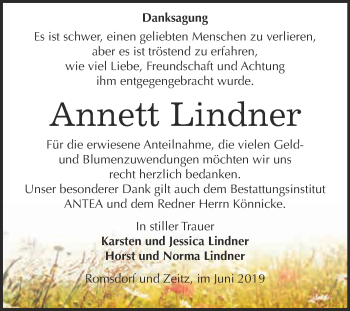 Traueranzeige von Annett Lindner von WVG - Wochenspiegel NMB / WSF / ZTZ