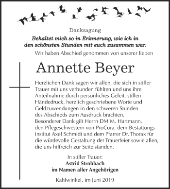 Traueranzeige von Annette Beyer von WVG - Wochenspiegel NMB / WSF / ZTZ