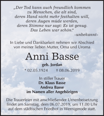 Traueranzeige von Anni Basse von Mitteldeutsche Zeitung