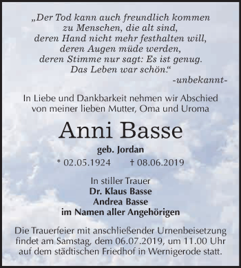 Traueranzeige von Anni Basse von WVG - Wochenspiegel Quedlinburg