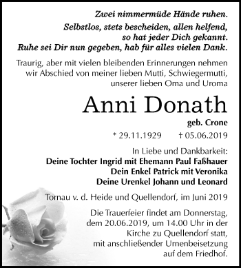 Traueranzeige von Anni Donath von Mitteldeutsche Zeitung Köthen