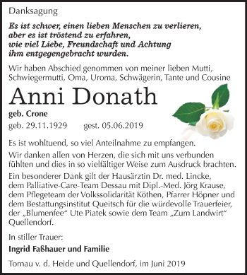 Traueranzeige von Anni Donath von Mitteldeutsche Zeitung Köthen