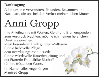 Traueranzeige von Anni Gropp von WVG - Wochenspiegel Dessau / Köthen