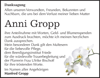 Traueranzeige von Anni Gropp von Mitteldeutsche Zeitung Dessau-Roßlau