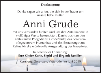 Traueranzeige von Anni Grude von Mitteldeutsche Zeitung Mansfelder Land