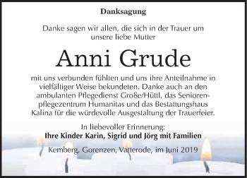 Traueranzeige von Anni Grude von Wochenspiegel Mansfelder Land