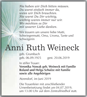 Traueranzeige von Anni Ruth Weineck von Super Sonntag Merseburg