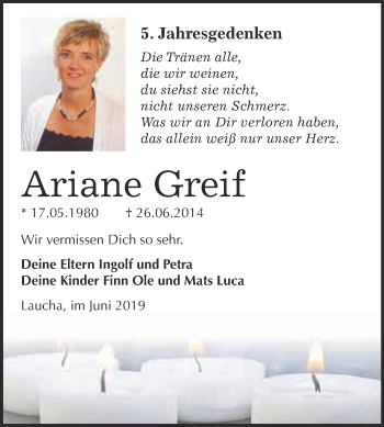 Traueranzeige von Ariane Greif von WVG - Wochenspiegel NMB / WSF / ZTZ