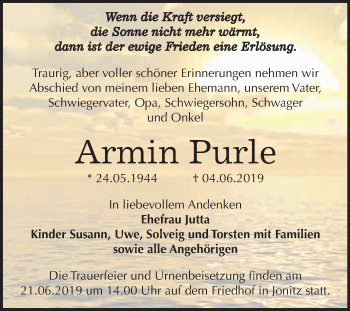 Traueranzeige von Armin Purle von WVG - Wochenspiegel Dessau / Köthen