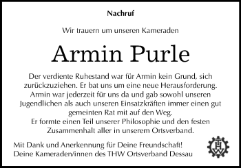 Traueranzeige von Armin Purle von Mitteldeutsche Zeitung Dessau-Roßlau