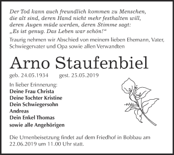 Traueranzeige von Arno Staufenbiel von WVG - Wochenspiegel Bitterfeld