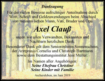 Traueranzeige von Axel Clauß von Super Sonntag Aschersleben