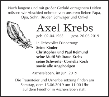 Traueranzeige von Axel Krebs von Super Sonntag Aschersleben