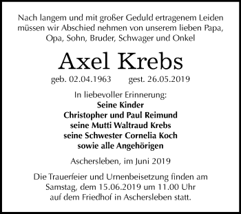Traueranzeige von Axel Krebs von Mitteldeutsche Zeitung Aschersleben