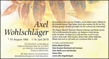 Traueranzeige von Axel Wohlschläger von Mitteldeutsche Zeitung Bitterfeld