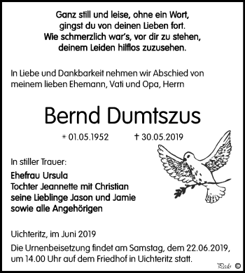 Traueranzeige von Bernd Dumtszus von Mitteldeutsche Zeitung Weißenfels