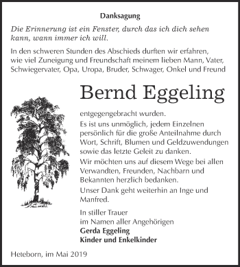 Traueranzeige von Bernd Eggeling von WVG - Wochenspiegel Quedlinburg