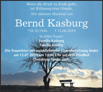 Traueranzeige von Bernd Kasburg von Super Sonntag Wittenberg