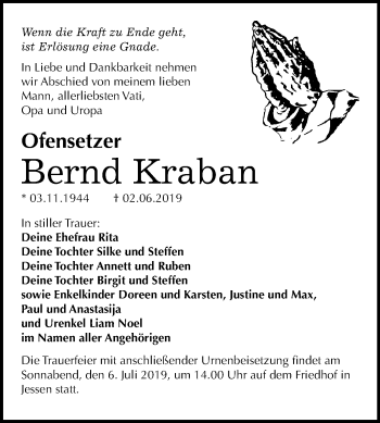 Traueranzeige von Bernd Kraban von Mitteldeutsche Zeitung