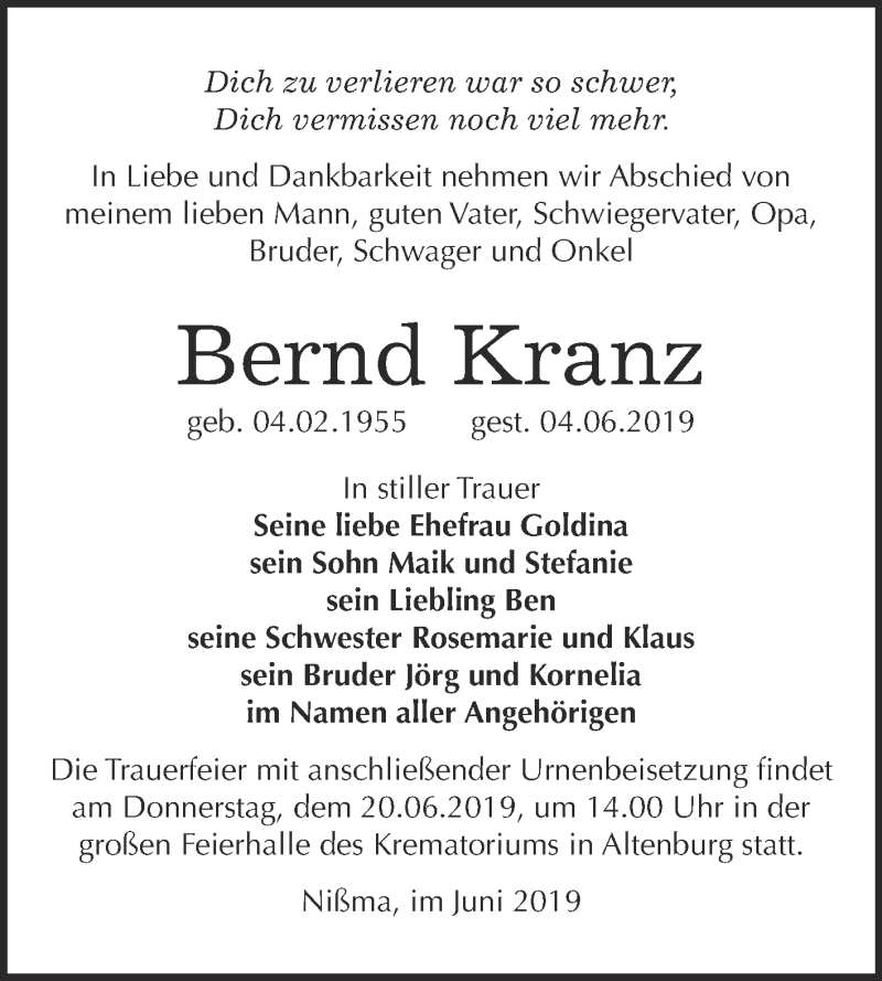  Traueranzeige für Bernd Kranz vom 03.06.2019 aus WVG - Wochenspiegel NMB / WSF / ZTZ