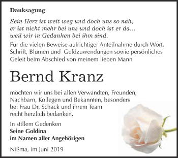 Traueranzeige von Bernd Kranz von WVG - Wochenspiegel NMB / WSF / ZTZ
