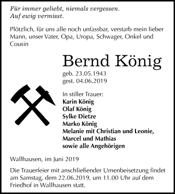 Traueranzeige von Bernd König von WVG - Wochenspiegel SGH
