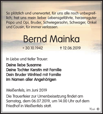 Traueranzeige von Bernd Mainka von Mitteldeutsche Zeitung Weißenfels