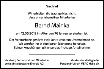Traueranzeige von Bernd Mainka von Mitteldeutsche Zeitung Weißenfels