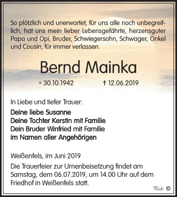 Traueranzeige von Bernd Mainka von WVG - Wochenspiegel NMB / WSF / ZTZ