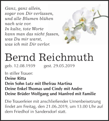 Traueranzeige von Bernd Reichmuth von WVG - Wochenspiegel Bitterfeld