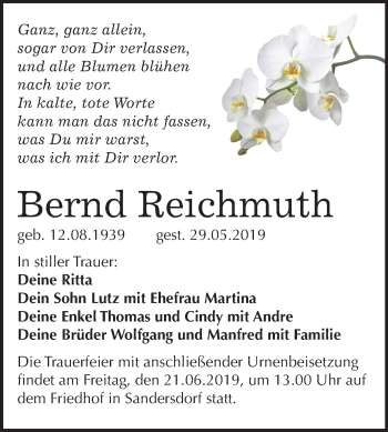 Traueranzeige von Bernd Reichmuth von Mitteldeutsche Zeitung Bitterfeld