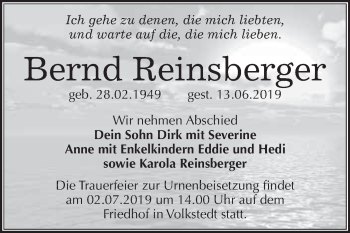 Traueranzeige von Bernd Reinsberger von Wochenspiegel Mansfelder Land