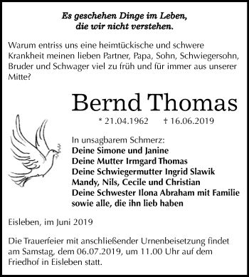 Traueranzeige von Bernd Thomas von Wochenspiegel Mansfelder Land