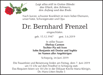 Traueranzeige von Bernhard Frenzel von Mitteldeutsche Zeitung Halle/Saalkreis