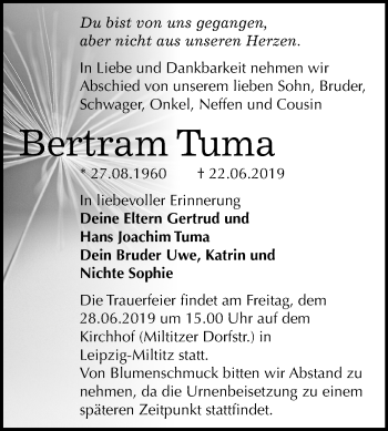 Traueranzeige von Bertram Tuma von Mitteldeutsche Zeitung Weißenfels
