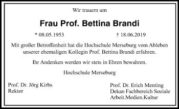 Traueranzeige von Bettina Brandi von Mitteldeutsche Zeitung