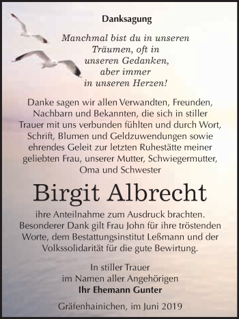 Traueranzeige von Birgit Albrecht von WVG - Wochenspiegel Wittenberg