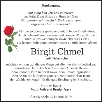 Traueranzeige von Birgit Chmel von Mitteldeutsche Zeitung
