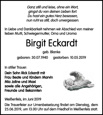 Traueranzeige von Birgit Eckardt von WVG - Wochenspiegel NMB / WSF / ZTZ