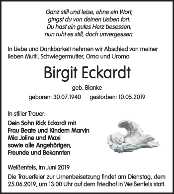 Traueranzeige von Birgit Eckardt von Mitteldeutsche Zeitung Weißenfels