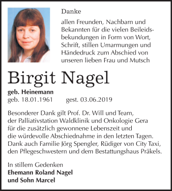 Traueranzeige von Birgit Nagel von Mitteldeutsche Zeitung Zeitz