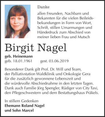 Traueranzeige von Birgit Nagel von WVG - Wochenspiegel NMB / WSF / ZTZ