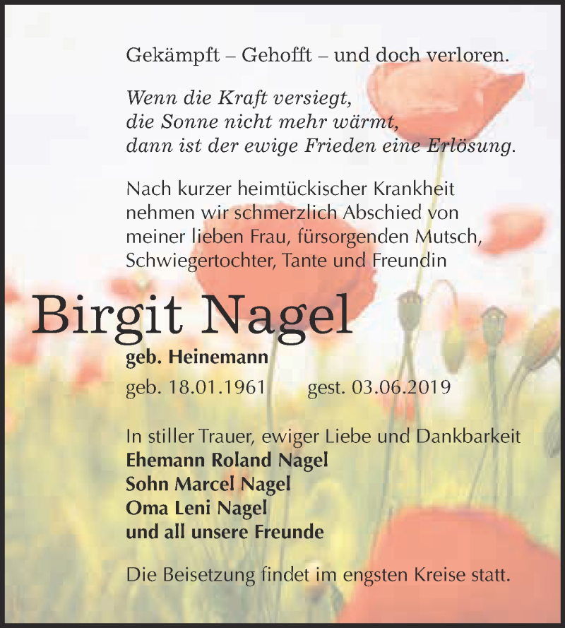 Traueranzeige für Birgit Nagel vom 03.06.2019 aus WVG - Wochenspiegel NMB / WSF / ZTZ