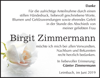 Traueranzeige von Birgit Zimmermann von Mitteldeutsche Zeitung