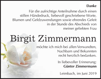 Traueranzeige von Birgit Zimmermann von Super Sonntag SGH Mansf. Land